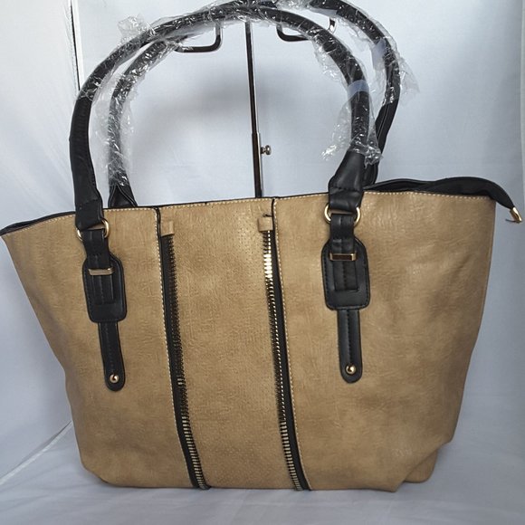 Handbags - FAUX LEATHER KHAKI AND BLACK STRAPS